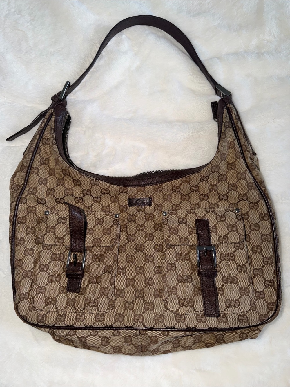 Gucci Beige and Brown Monogram Shoulder Bag